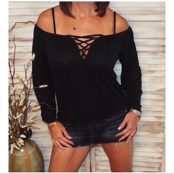 Cold Off Shoulder Lace Up Black 1318 - Picture 2 of 6